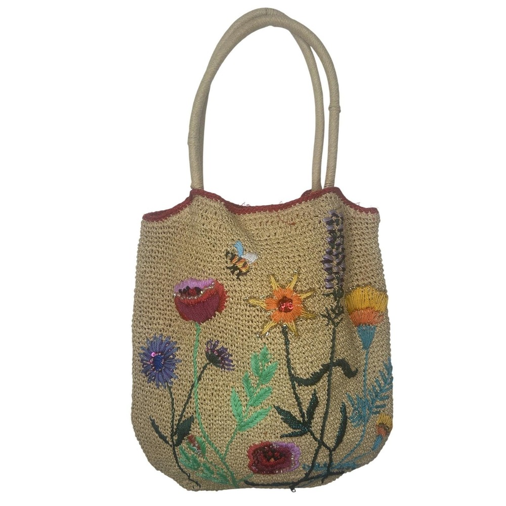 Petro Zillia Vintage Floral Embroidered Straw beaded Tote Bag Womens - Picture 2 of 14